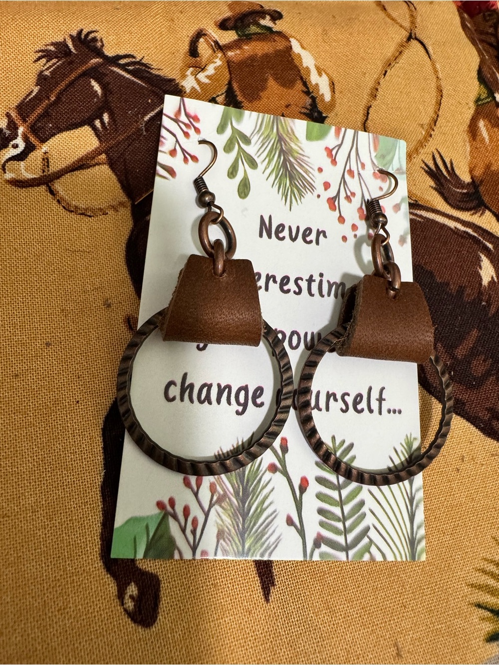 Brown Leather Hoop Drop Earrings - Women's Accessories